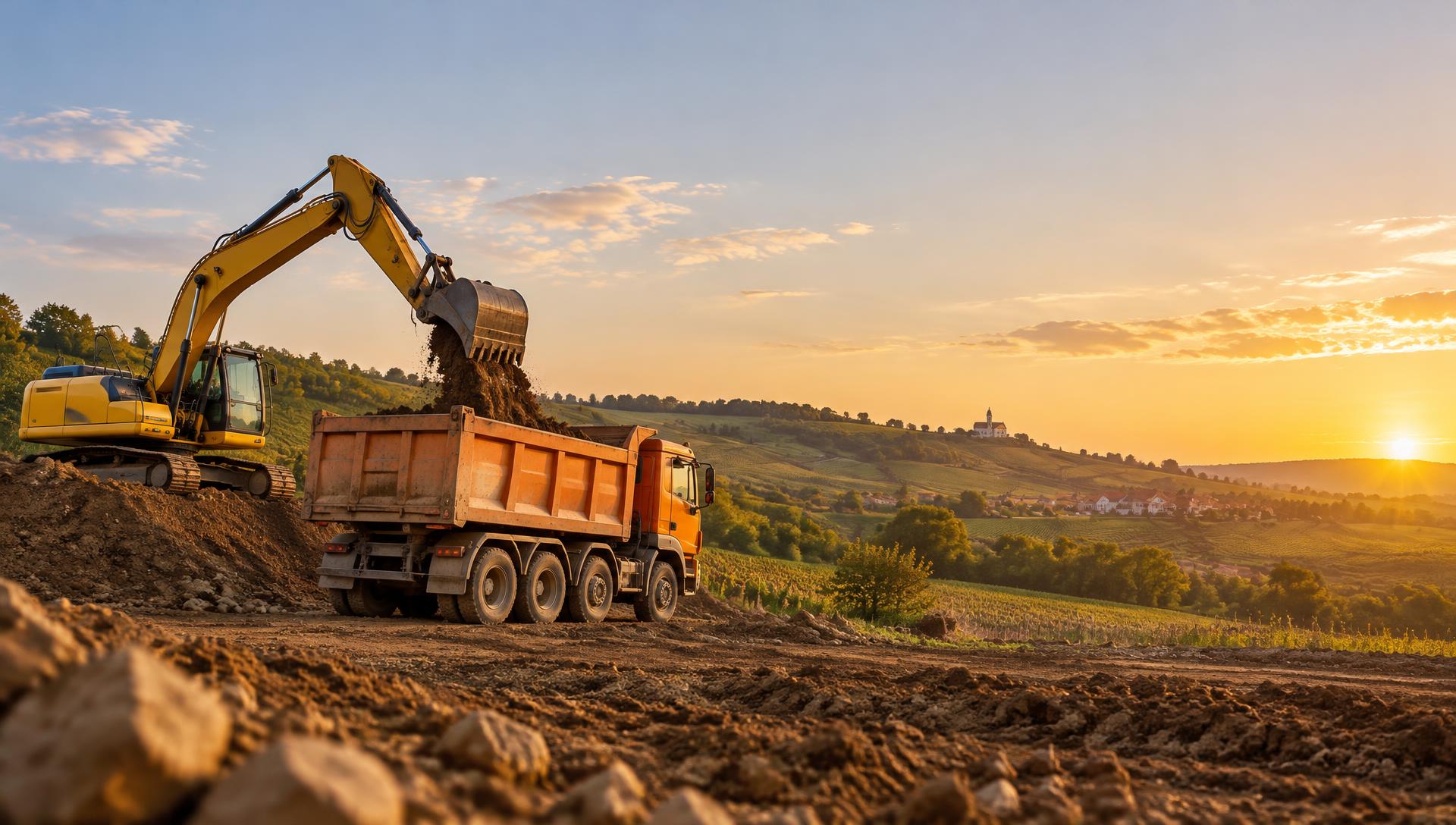 Bagr nakládá zeminu na nákladní automobil na stavbě na jižní Moravě